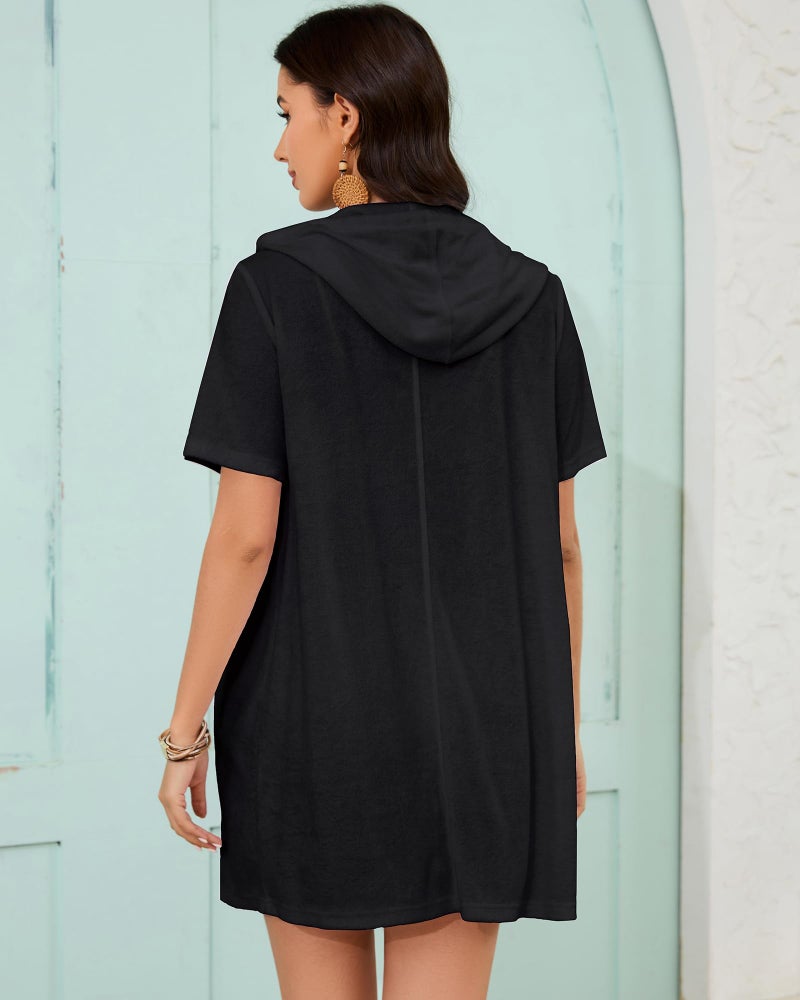 Bsubseach Terry Cloth Cover Up - Women 2026 Zipper Swimsuit Coverup Hooded Swim Robes Beach Coverups with Pockets Black L - Image 5