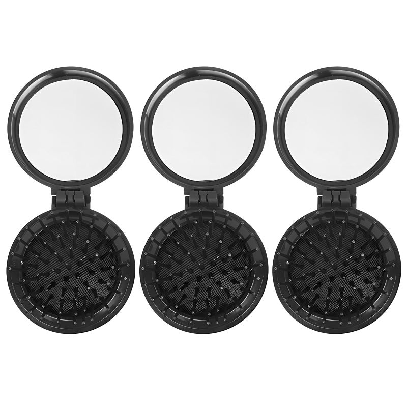 Jaasuee 3Pack Round Portable Folding Travel Hair Brushes with Builtin Mirror Mini Hair Comb Compact Size for Men Women and Girls Black