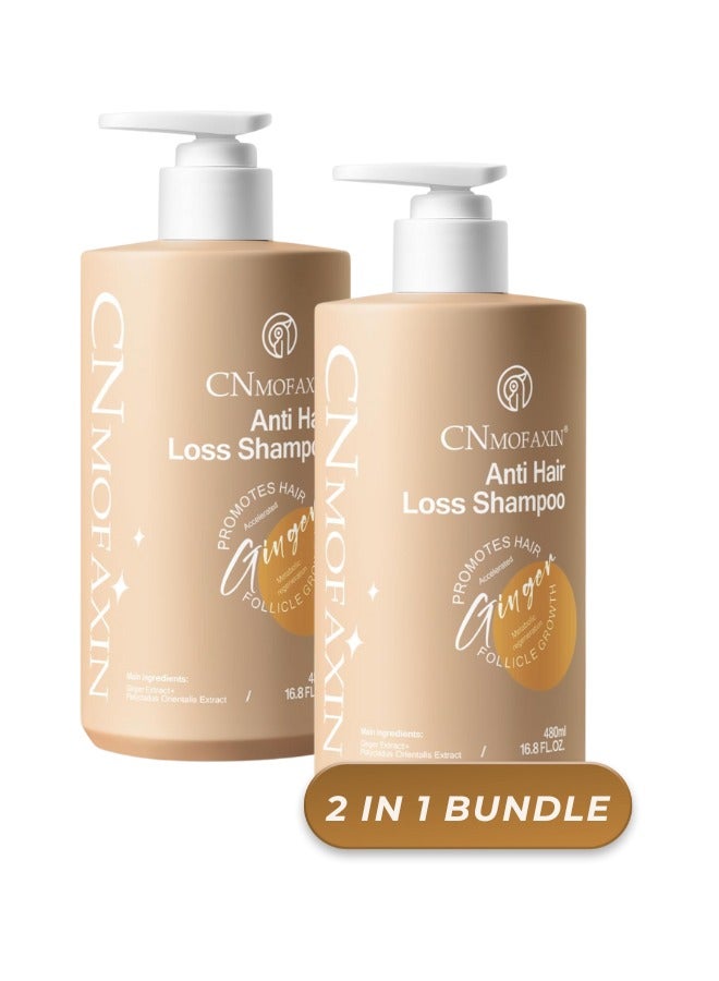 CNMOFAXIN Anti-Hair Fall Shampoo (480ml x 2 Pack) – Nourishing Ginger Hair Growth Shampoo for Men & Women – Volumizing Regrowth Treatment with Herbal Essences, Rose & Castor Oil – Anti Hair Loss Shampoo - Image 1