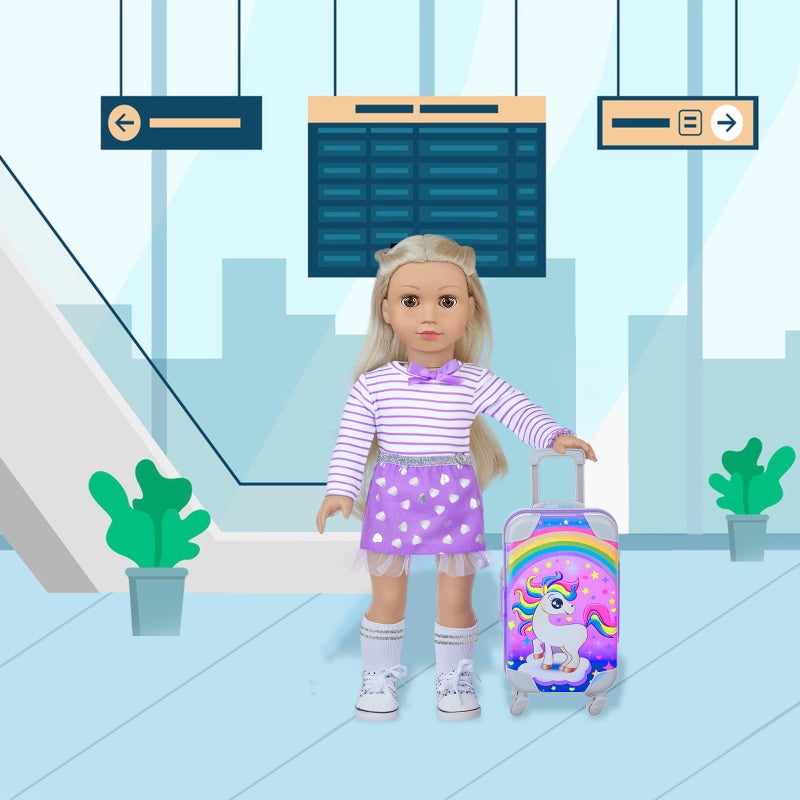 DONTNO 29 Pcs American Doll Clothes and Accessories, Cute Travel Play Set fit 18 Inch Doll with Purple Clothes Suit, Unicorn Suitcase, Handbag, Lipstick, Camera, Sunglasses for Kids - Image 5