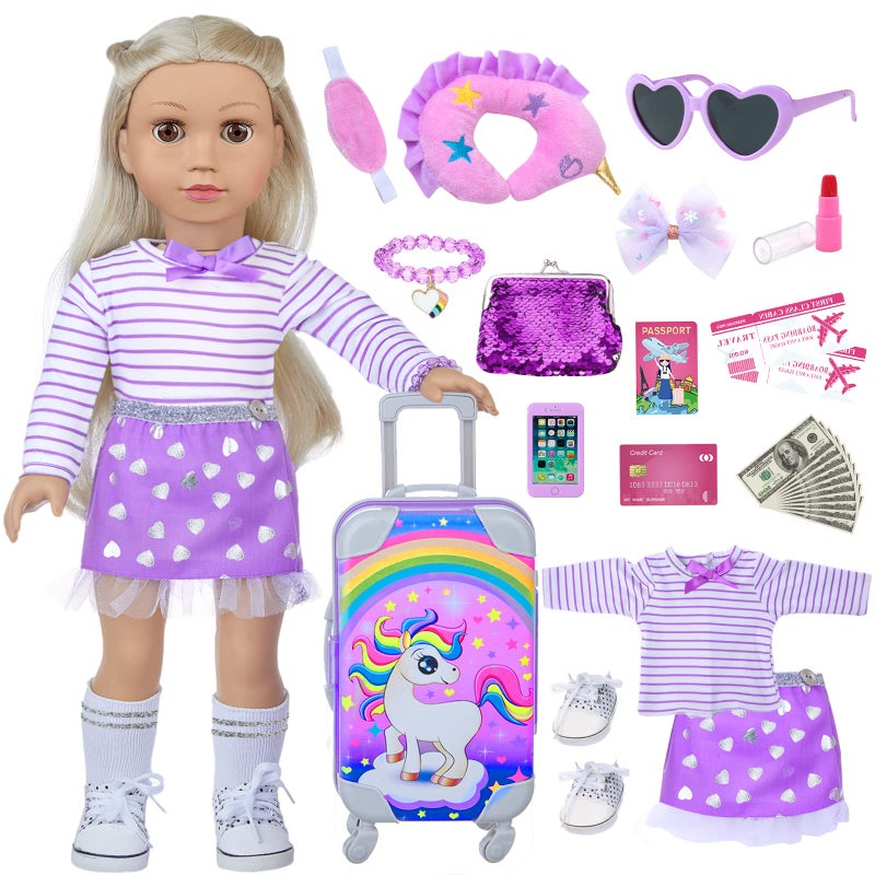 DONTNO 29 Pcs American Doll Clothes and Accessories, Cute Travel Play Set fit 18 Inch Doll with Purple Clothes Suit, Unicorn Suitcase, Handbag, Lipstick, Camera, Sunglasses for Kids - Image 1