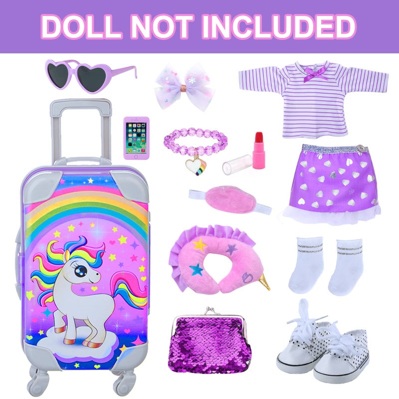DONTNO 29 Pcs American Doll Clothes and Accessories, Cute Travel Play Set fit 18 Inch Doll with Purple Clothes Suit, Unicorn Suitcase, Handbag, Lipstick, Camera, Sunglasses for Kids - Image 2