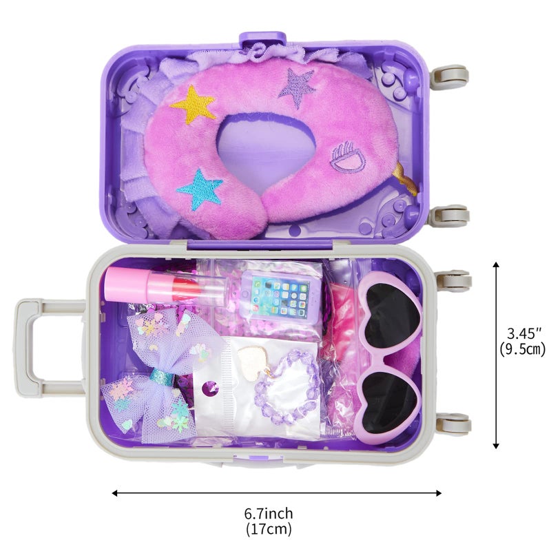 DONTNO 29 Pcs American Doll Clothes and Accessories, Cute Travel Play Set fit 18 Inch Doll with Purple Clothes Suit, Unicorn Suitcase, Handbag, Lipstick, Camera, Sunglasses for Kids - Image 4
