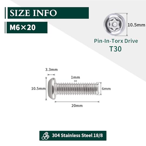 EASTLO M6-1.0 x 20mm Button Head Security Torx Machine Screws 30 PCS, 304 Stainless Steel 18-8, Tamper Resistant, Full Thread, Bright Finish, Includes Torx Driver Bit - Image 3