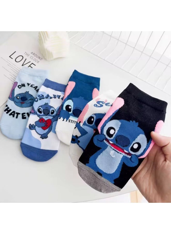 5 Pairs Of  Stitch Cartoon Cute And Quirky Summer Style Skin Friendly, Comfortable, Non Slip, Non Slip, Sweat Wicking, Odorproof, Breathable Men's And Women's Socks - Image 1
