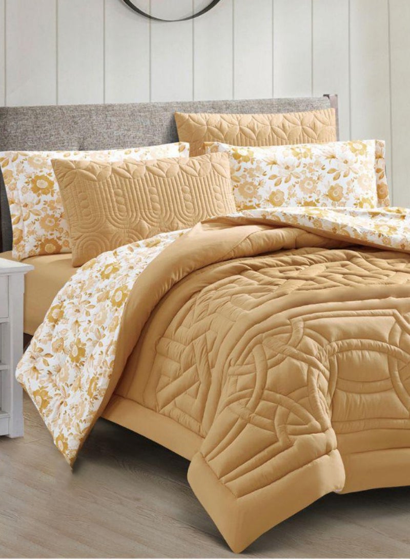 طقم لحاف سرير مزخرف بنقشة زهور، مكون من 6 قطع - لحاف مبطن بمقاس 240×260 سم مع غطائي وسادة، وغطائي وسادة، وملاءة سرير ملائمة (أصفر) - Image 1