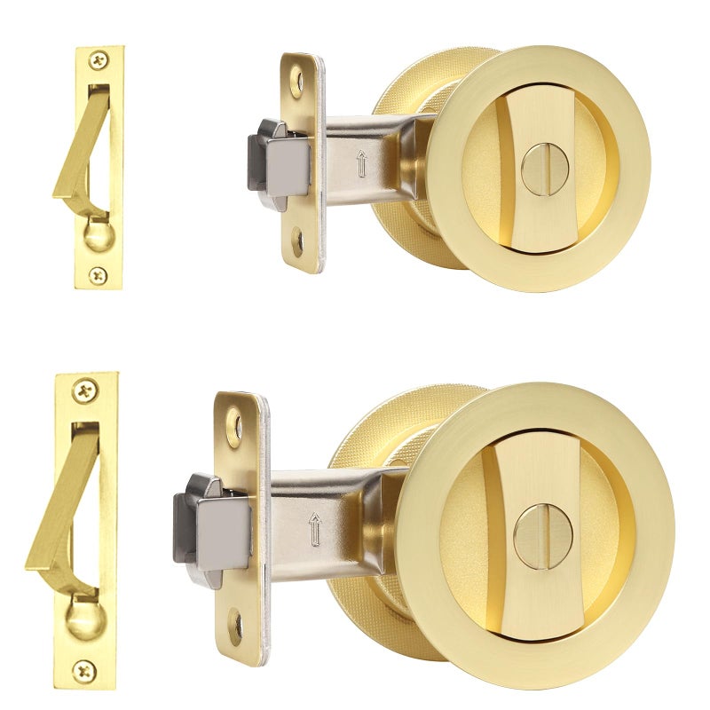 Dontay 2 Pack Pocket Door Privacy Lock Flush Handles 238 Backset BedBath Latch Recessed Knob Hardware for 1 38 to 2 316 Thickness Door Including Edge Pull Satin Brass Round - Image 2