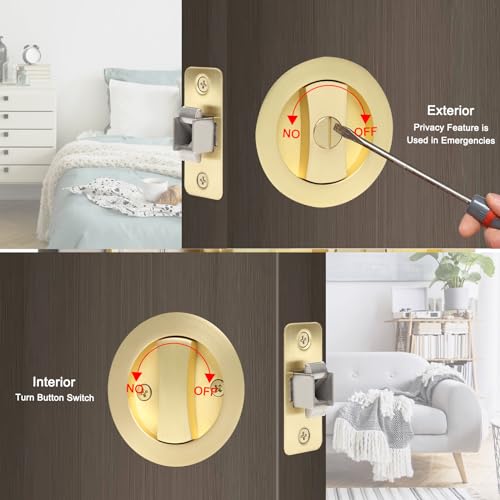 Dontay 2 Pack Pocket Door Privacy Lock Flush Handles 238 Backset BedBath Latch Recessed Knob Hardware for 1 38 to 2 316 Thickness Door Including Edge Pull Satin Brass Round - Image 3