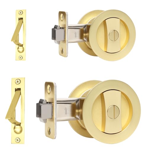 Dontay 2 Pack Pocket Door Privacy Lock Flush Handles 238 Backset BedBath Latch Recessed Knob Hardware for 1 38 to 2 316 Thickness Door Including Edge Pull Satin Brass Round - Image 1