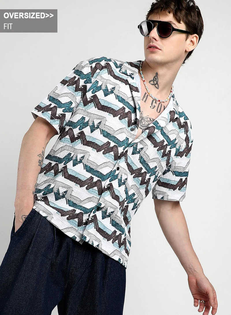 Campus Sutra Campus Sutra Men's Multicolour Oversized Line Strokes Shirt For Casual Wear | Cuban Collar | Short Sleeve | Button Closure | Shirt Crafted With Comfort Fit For Everyday Wear