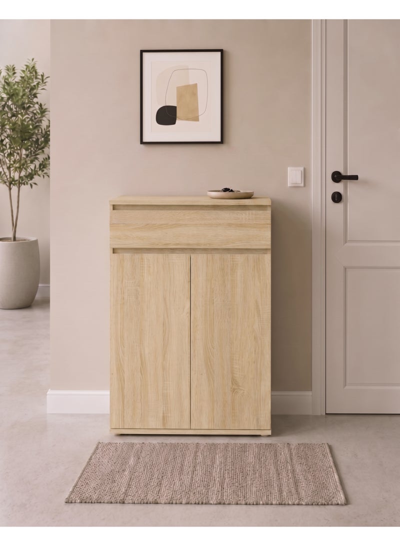 Furniture Store Modern shoe rack/shoe cabinet with a wide drawer and 5 shelves, MDF, in light wood color with white, high-quality finish, from Furniture Store. - Image 2