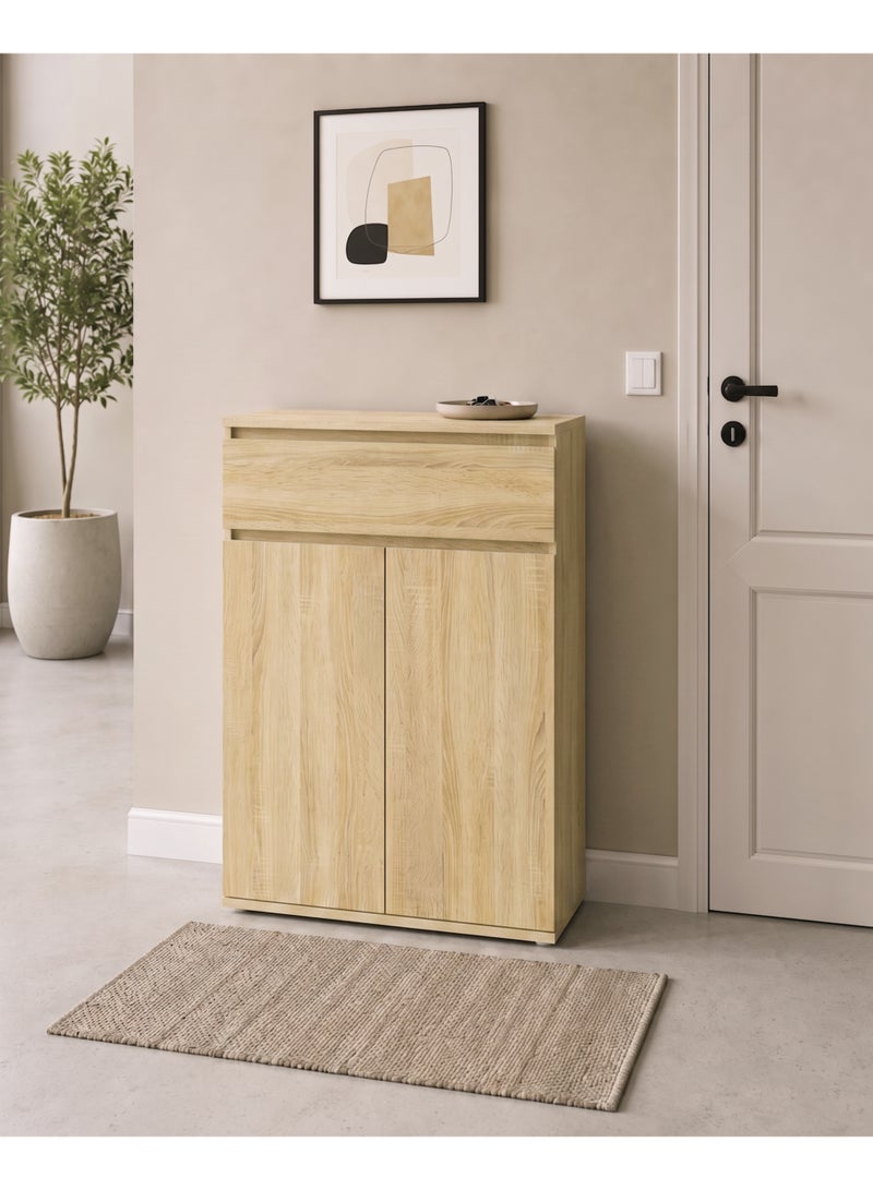 Furniture Store Modern shoe rack/shoe cabinet with a wide drawer and 5 shelves, MDF, in light wood color with white, high-quality finish, from Furniture Store. - Image 1