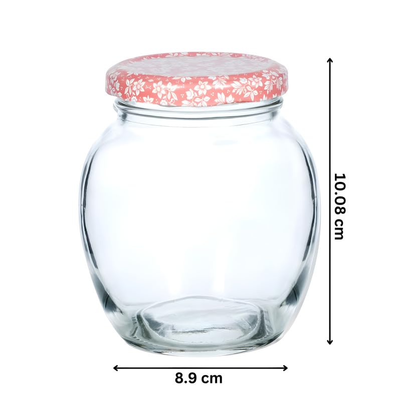 Yera Lucia Glass Jars with Floral Lug Lid Organize Your Kitchen Pantry Essentials Suitable for Snacks Masala Honey Jams and More 375 ml Capacity Set of 6 Transparent Clear Glass JarsPink - Image 3