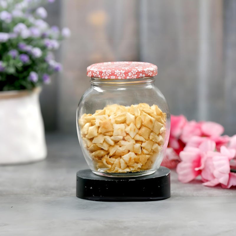 Yera Lucia Glass Jars with Floral Lug Lid Organize Your Kitchen Pantry Essentials Suitable for Snacks Masala Honey Jams and More 375 ml Capacity Set of 6 Transparent Clear Glass JarsPink - Image 1