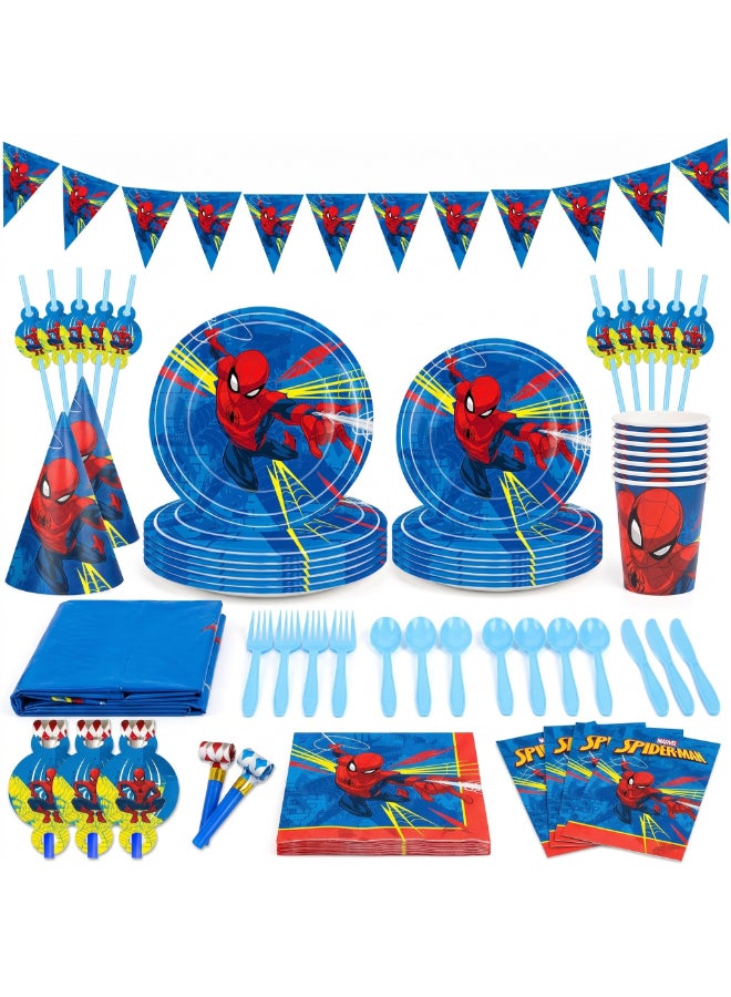Kidzilla 122 PCS Spider-Man Birthday Party Supplies Kit for Kids – Superhero Theme Party Decorations Set with Plates, Cups, Napkins, Banner, Tablecloth, Hats, Invitations, Straws, Horns & Cutlery - Image 1