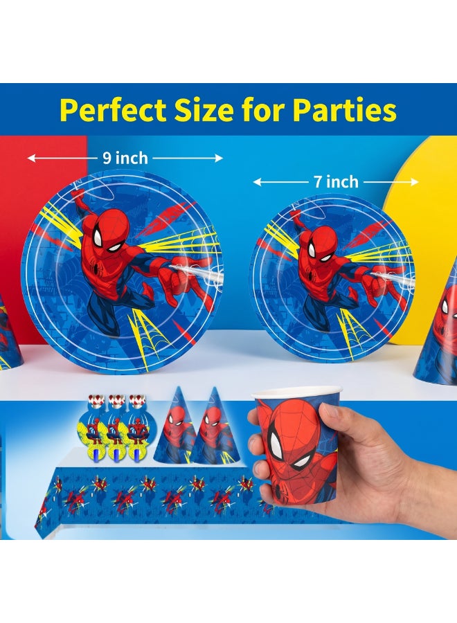 Kidzilla 122 PCS Spider-Man Birthday Party Supplies Kit for Kids – Superhero Theme Party Decorations Set with Plates, Cups, Napkins, Banner, Tablecloth, Hats, Invitations, Straws, Horns & Cutlery - Image 3