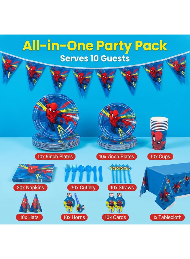 Kidzilla 122 PCS Spider-Man Birthday Party Supplies Kit for Kids – Superhero Theme Party Decorations Set with Plates, Cups, Napkins, Banner, Tablecloth, Hats, Invitations, Straws, Horns & Cutlery - Image 2