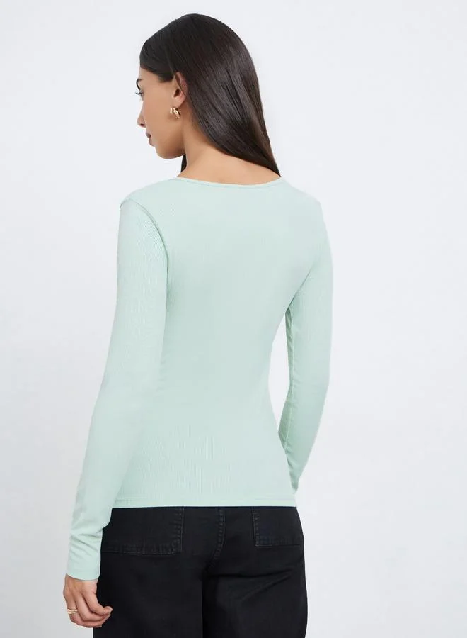 Styli Mint Green Ribbed Long Sleeve Top