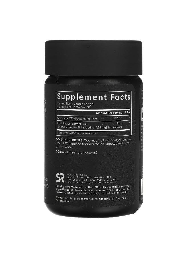 SPORTS RESEARCH - Sports Research, CoQ10, USP Grade with BioPerine, 100 mg, 30 Veggie Softgels - Image 1