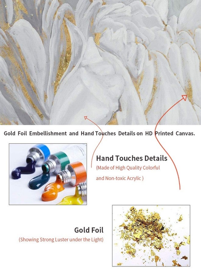 Goldfoilart لوحات جدارية فنية على شكل زهور مطلية برقائق الذهب، ديكور زهري عصري أبيض اللون، صور مزهرة بإطار ذهبي، مناسبة لتزيين غرف المعيشة والنوم والمطابخ، مقاس 24 بوصة × 24 بوصة × قطعتين - Image 4