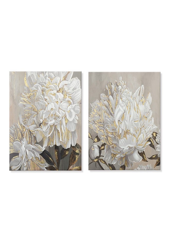 Goldfoilart لوحات جدارية فنية على شكل زهور مطلية برقائق الذهب، ديكور زهري عصري أبيض اللون، صور مزهرة بإطار ذهبي، مناسبة لتزيين غرف المعيشة والنوم والمطابخ، مقاس 24 بوصة × 24 بوصة × قطعتين - Image 1