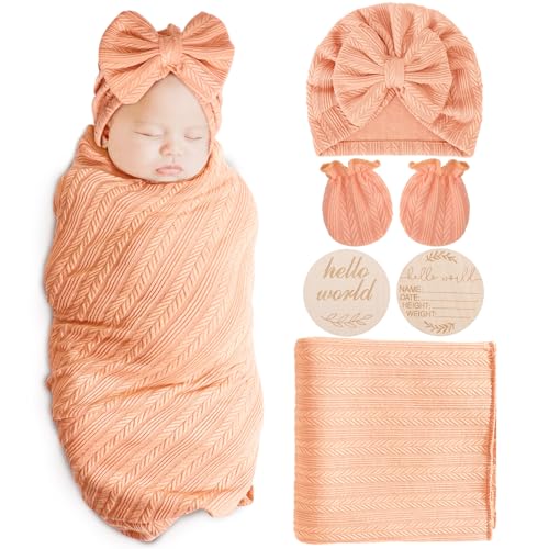 AQOKKA Newborn Receiving Blanket with Bow Hat Mittens Wooden Card Set WheatPattern Newborns Toddler Baby Boy Girl Nursery Swaddle Wrap - Image 1