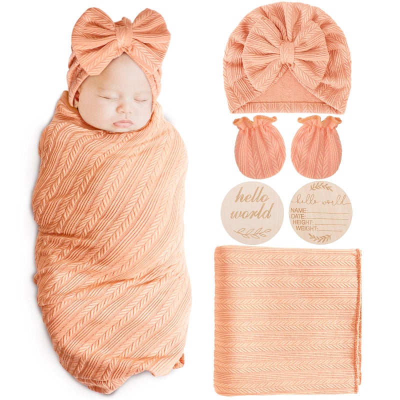 AQOKKA Newborn Receiving Blanket with Bow Hat Mittens Wooden Card Set WheatPattern Newborns Toddler Baby Boy Girl Nursery Swaddle Wrap - Image 2