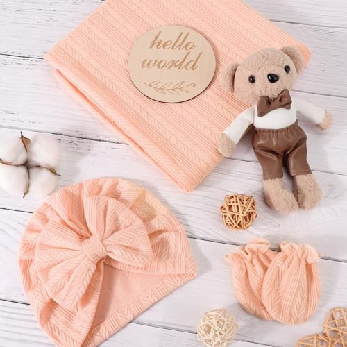 AQOKKA Newborn Receiving Blanket with Bow Hat Mittens Wooden Card Set WheatPattern Newborns Toddler Baby Boy Girl Nursery Swaddle Wrap - Image 3