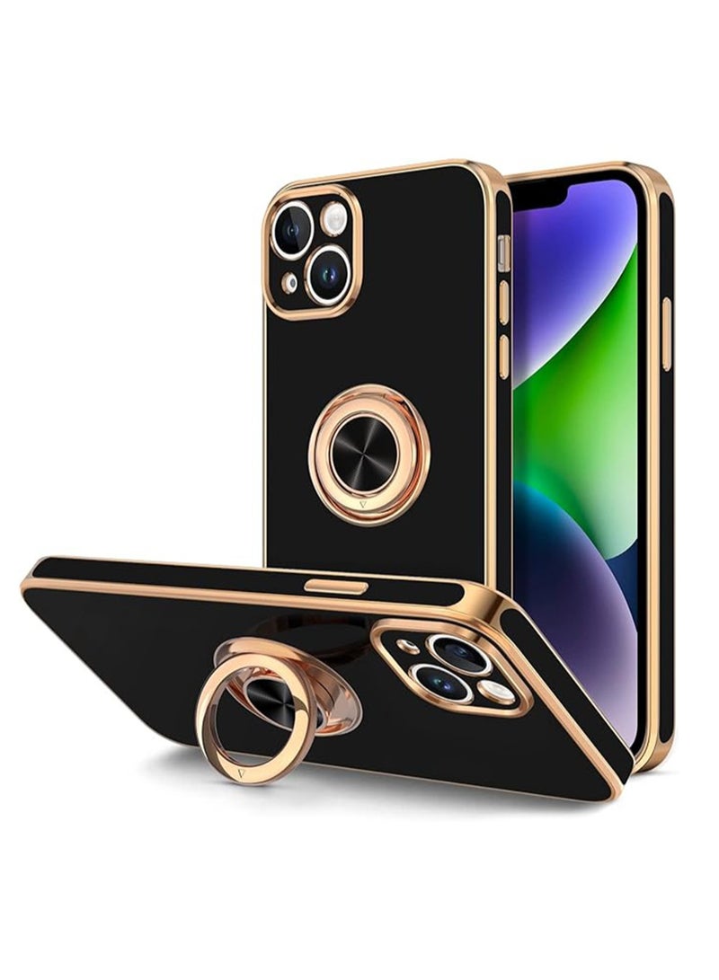 WRISTWISE Case Cover for iPhone 14 Plus with Ring Stand [360° Rotatable Ring Holder Magnetic Kickstand] [Support Car Mount] Rose Gold Edge Soft TPU Luxury Shockproof Protective Phone Case Cover, Black - Image 1