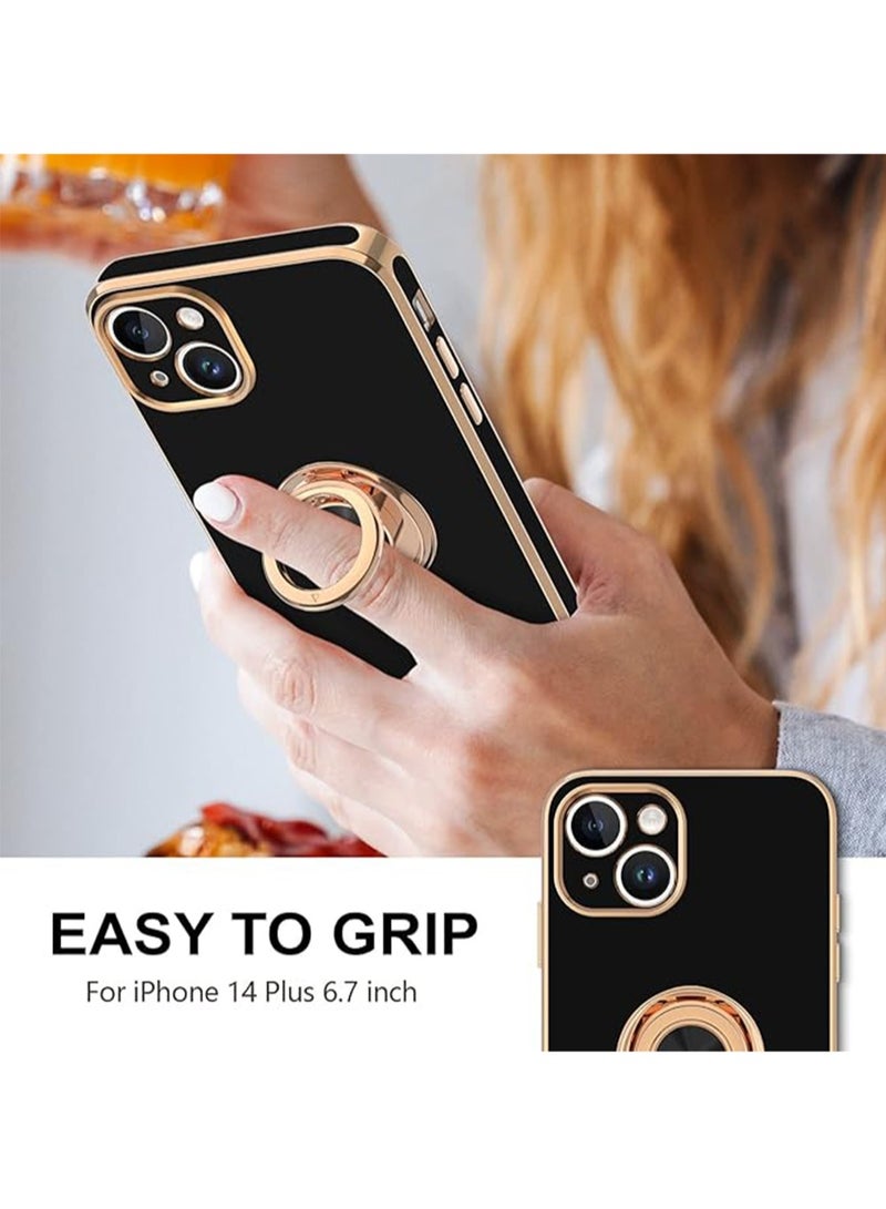 WRISTWISE Case Cover for iPhone 14 Plus with Ring Stand [360° Rotatable Ring Holder Magnetic Kickstand] [Support Car Mount] Rose Gold Edge Soft TPU Luxury Shockproof Protective Phone Case Cover, Black - Image 2