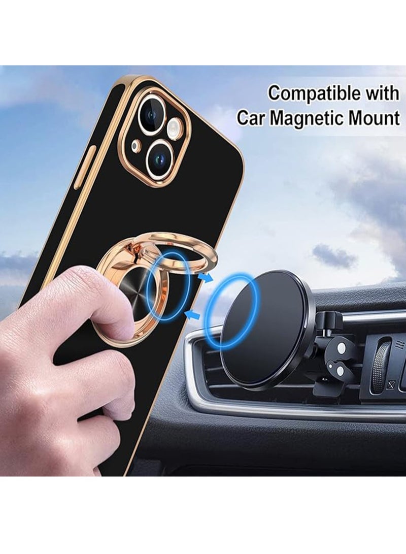 WRISTWISE Case Cover for iPhone 14 Plus with Ring Stand [360° Rotatable Ring Holder Magnetic Kickstand] [Support Car Mount] Rose Gold Edge Soft TPU Luxury Shockproof Protective Phone Case Cover, Black - Image 5