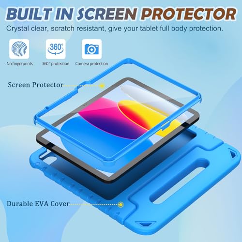 LTROP Kids Case for iPad A16 11th Generation 11-inch 2025/ iPad 10th Generation 10.9-inch 2022 with Screen Protector, Lightweight Shockproof Convertible Handle Stand Cover for iPad 11/10 Gen, Blue - Image 3