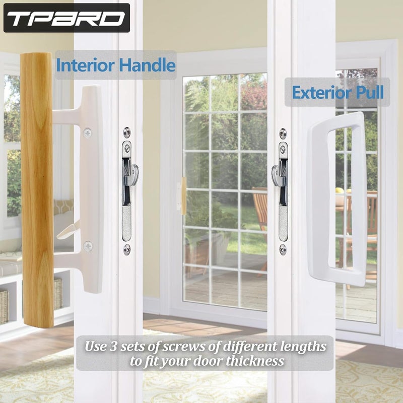 TPard Sliding Glass Patio Door Handle Replacement Set with Oak Wood Inside Handles and Zinc Diecast Outside Pull, 3-15/16" Hole Spacing, Non-Handed, White - Image 5