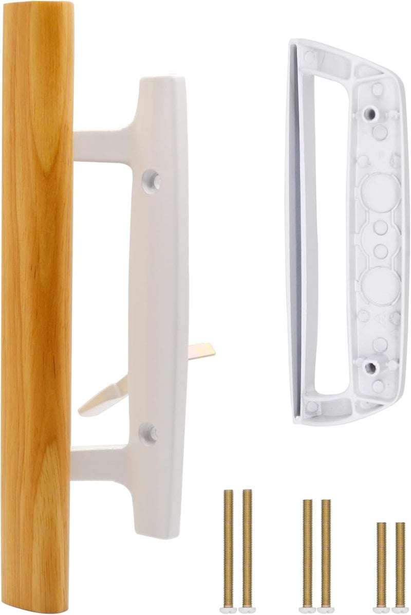 TPard Sliding Glass Patio Door Handle Replacement Set with Oak Wood Inside Handles and Zinc Diecast Outside Pull, 3-15/16" Hole Spacing, Non-Handed, White - Image 1