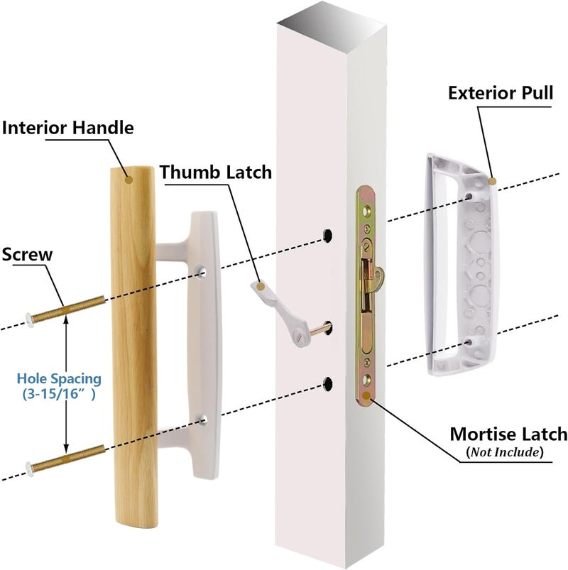 TPard Sliding Glass Patio Door Handle Replacement Set with Oak Wood Inside Handles and Zinc Diecast Outside Pull, 3-15/16" Hole Spacing, Non-Handed, White - Image 3
