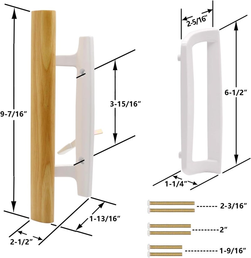TPard Sliding Glass Patio Door Handle Replacement Set with Oak Wood Inside Handles and Zinc Diecast Outside Pull, 3-15/16" Hole Spacing, Non-Handed, White - Image 2