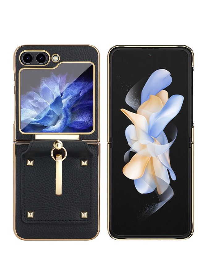Samsung Galaxy Z Flip 5 5G Case Cover with Connecting Hinge Vegan Leather Golden Bumper Shockproof Protective Anti-shock anti-scratch Back Cover Phone Mobile Protector for Samsung Z Flip 5 (2023) - Image 1