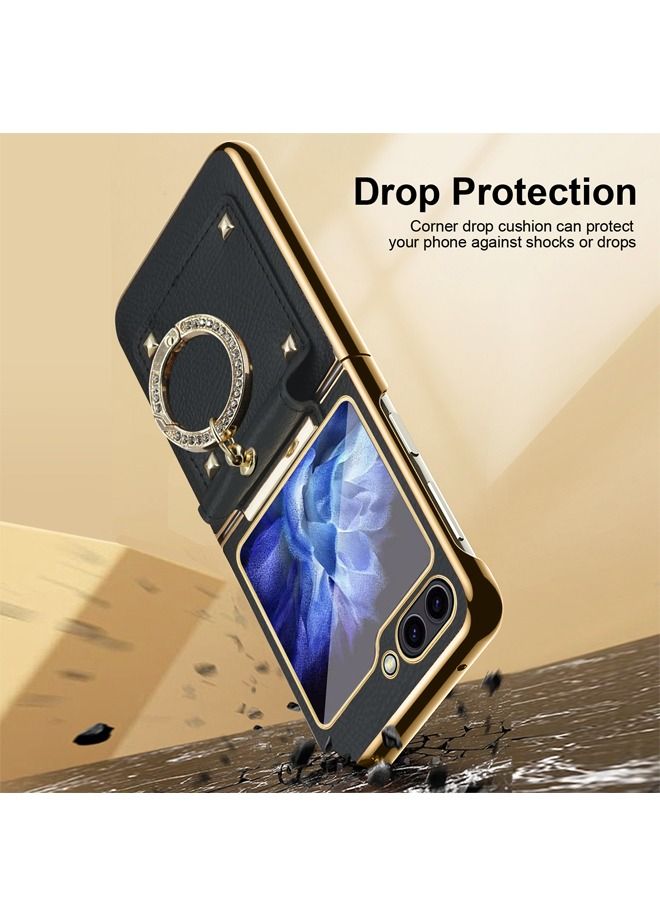 Samsung Galaxy Z Flip 5 5G Case Cover with Connecting Hinge Vegan Leather Golden Bumper Shockproof Protective Anti-shock anti-scratch Back Cover Phone Mobile Protector for Samsung Z Flip 5 (2023) - Image 5