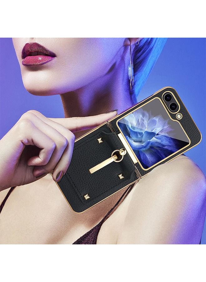 Samsung Galaxy Z Flip 5 5G Case Cover with Connecting Hinge Vegan Leather Golden Bumper Shockproof Protective Anti-shock anti-scratch Back Cover Phone Mobile Protector for Samsung Z Flip 5 (2023) - Image 4