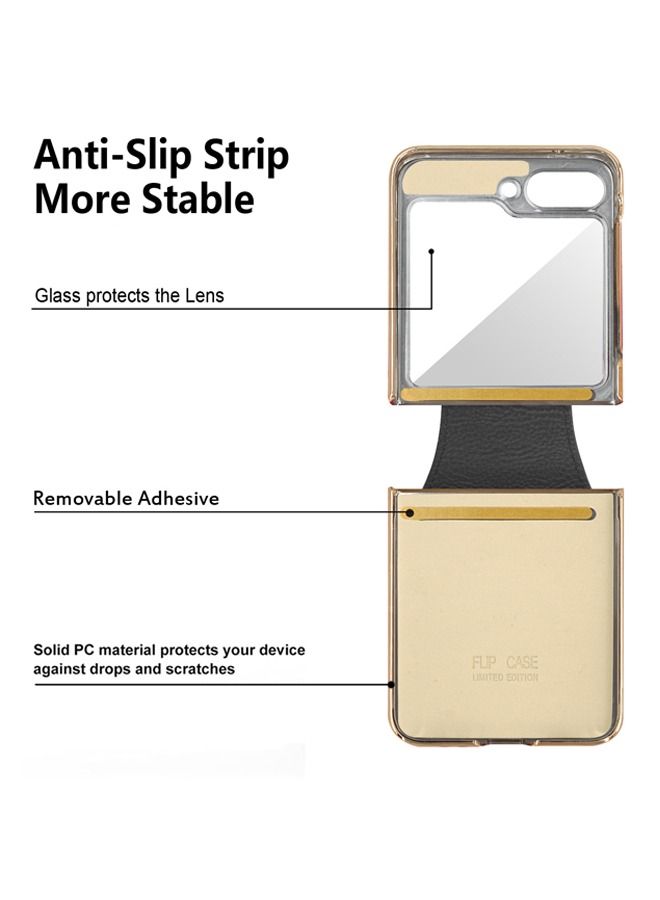 Samsung Galaxy Z Flip 5 5G Case Cover with Connecting Hinge Vegan Leather Golden Bumper Shockproof Protective Anti-shock anti-scratch Back Cover Phone Mobile Protector for Samsung Z Flip 5 (2023) - Image 3