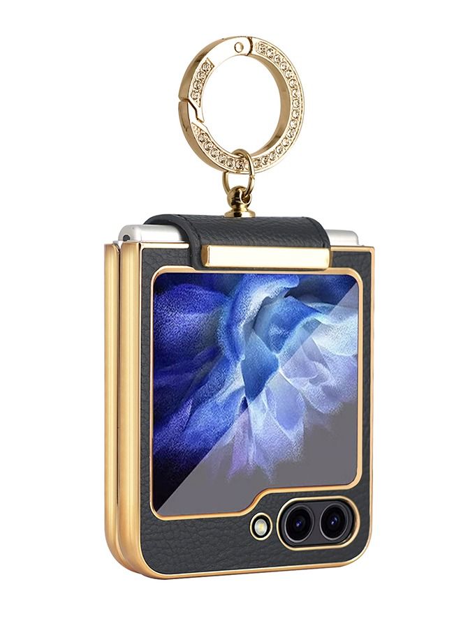 Samsung Galaxy Z Flip 5 5G Case Cover with Connecting Hinge Vegan Leather Golden Bumper Shockproof Protective Anti-shock anti-scratch Back Cover Phone Mobile Protector for Samsung Z Flip 5 (2023) - Image 2