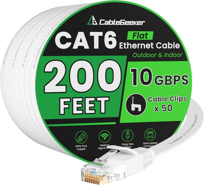 CableGeeker Cat 6 Ethernet Cable 200 ft, High Speed 10Gbps Flat Internet Network Cable, Pure Copper Ethernet Patch Cable Long, Computer LAN Cable with Clips & Straps for Router, Modem, PS4/5, White - Image 1