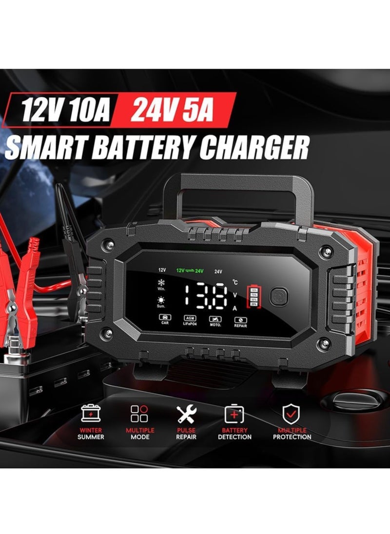 SYOSI 10 Amp Car Battery Charger, 12V/24V LiFePO4 Portable Car Battery Charger, Lead Acid Automobile Battery Maintainer with Large Display Screen for Car/Truck/Motorcycle/AGM/Lawn Mower and More  - Image 2