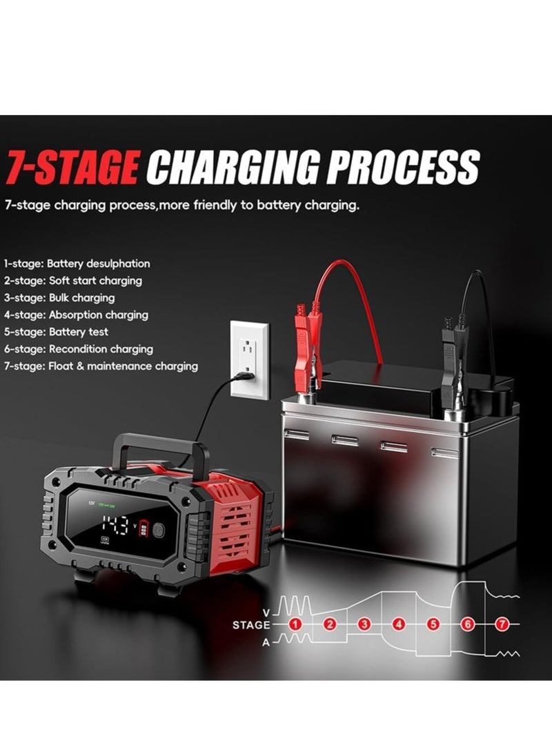 SYOSI 10 Amp Car Battery Charger, 12V/24V LiFePO4 Portable Car Battery Charger, Lead Acid Automobile Battery Maintainer with Large Display Screen for Car/Truck/Motorcycle/AGM/Lawn Mower and More  - Image 3