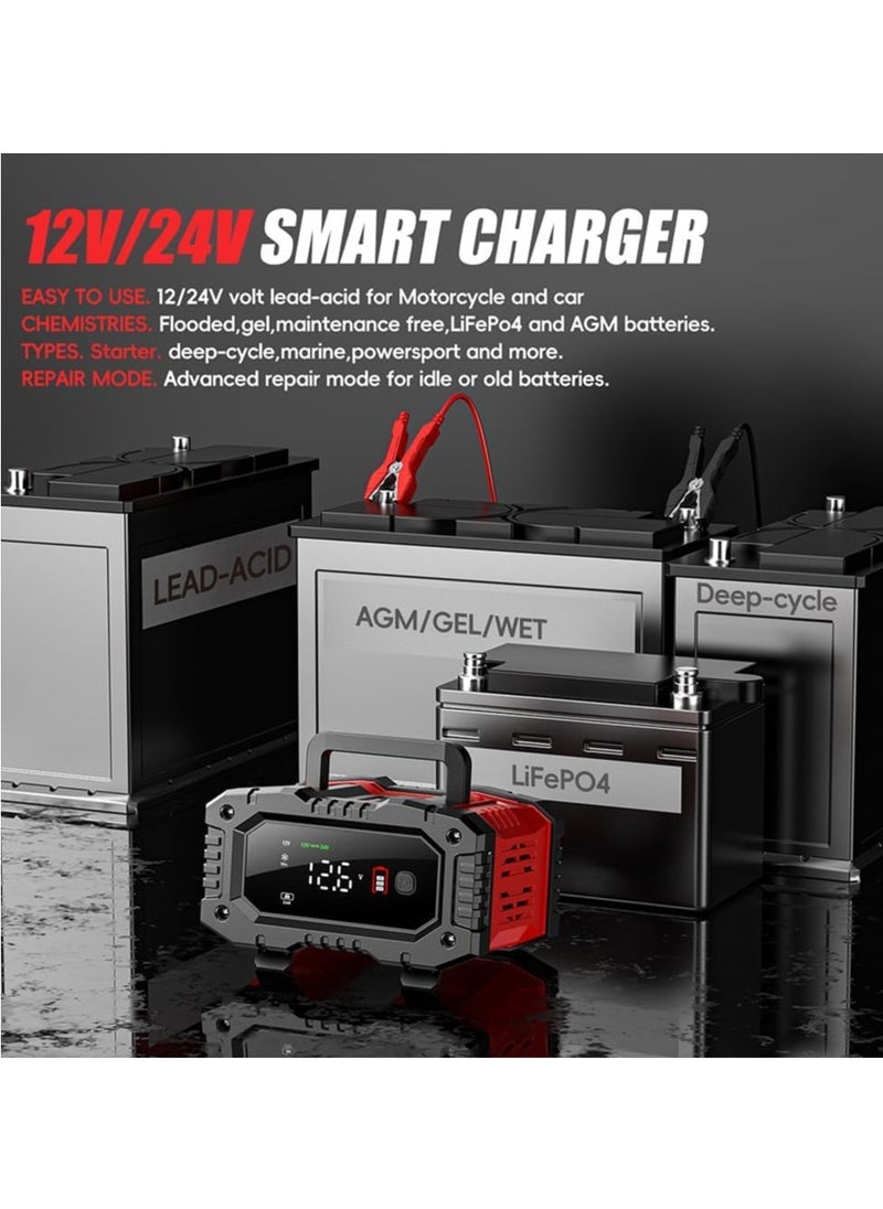 SYOSI 10 Amp Car Battery Charger, 12V/24V LiFePO4 Portable Car Battery Charger, Lead Acid Automobile Battery Maintainer with Large Display Screen for Car/Truck/Motorcycle/AGM/Lawn Mower and More  - Image 5