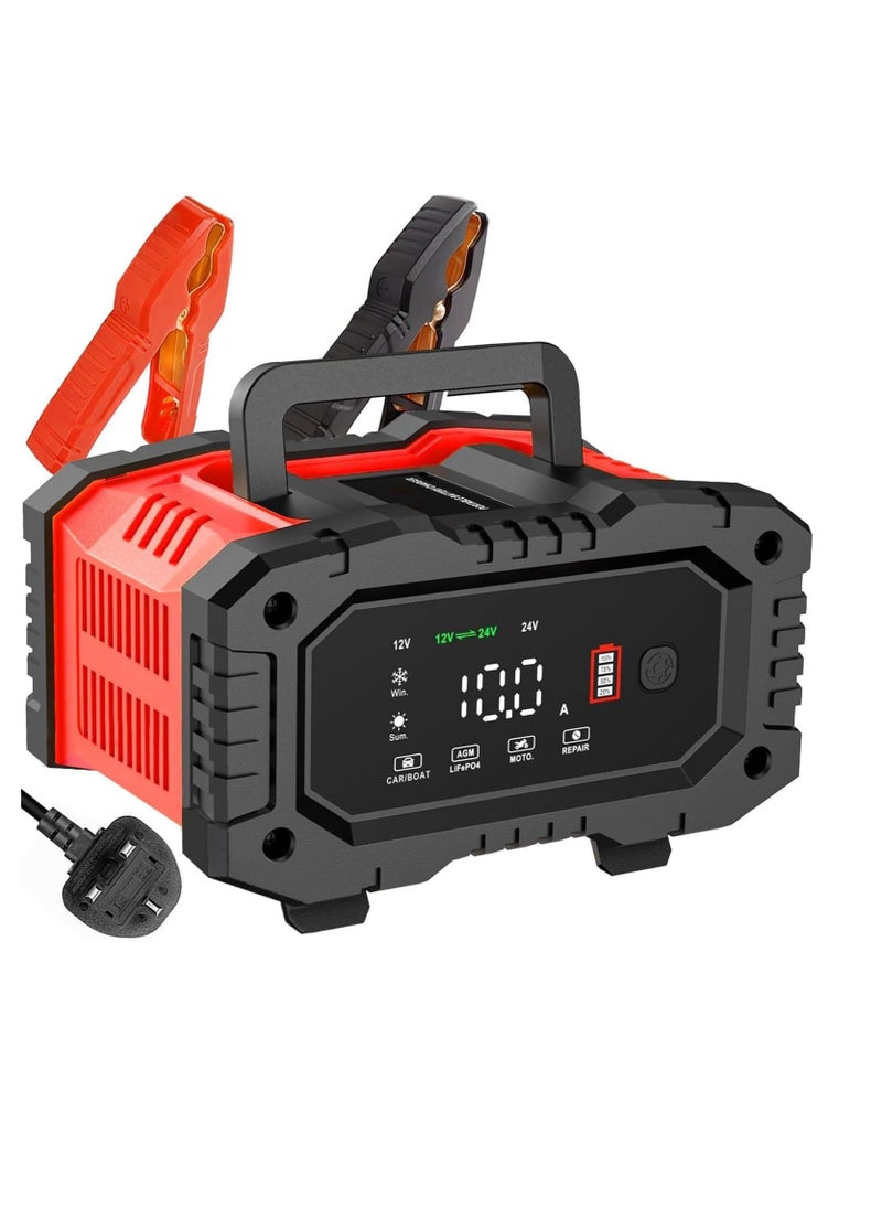 SYOSI 10 Amp Car Battery Charger, 12V/24V LiFePO4 Portable Car Battery Charger, Lead Acid Automobile Battery Maintainer with Large Display Screen for Car/Truck/Motorcycle/AGM/Lawn Mower and More  - Image 1