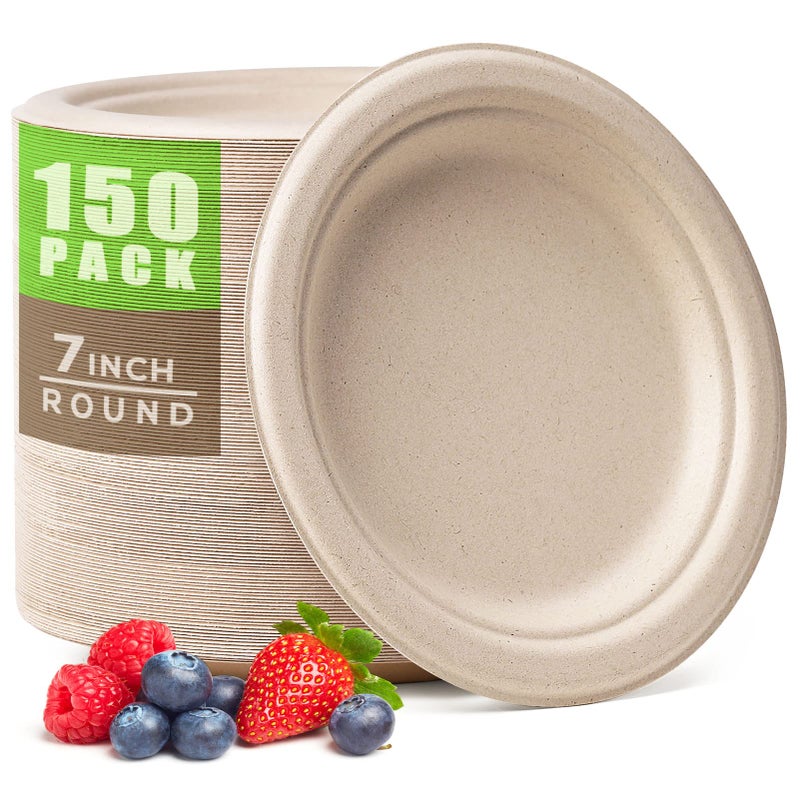 Gezond 100 Compostable Paper Plates 7 Inch 150pcs Disposable HeavyDuty Plates Unbleached Biodegradable Plate Made of Sugarcane Fiber