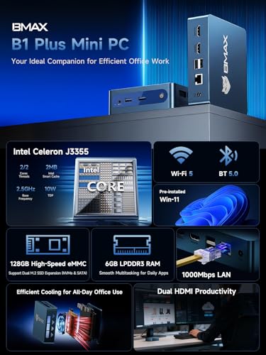 Bmax بيماكس ميني بي سي B1 بلس، إنتل سيليرون J3355 (حتى 2.5 جيجاهرتز)، 6 جيجابايت رام 128 جيجابايت eMMC دعم توسيع M.2 SSD (512 جيجابايت/2 تيرابايت)، عرض مزدوج 4K واي فاي 2.4G/5G وBT5.0 كمبيوتر مكتبي ميني للاستخدام المنزلي/المكتبي - Image 2