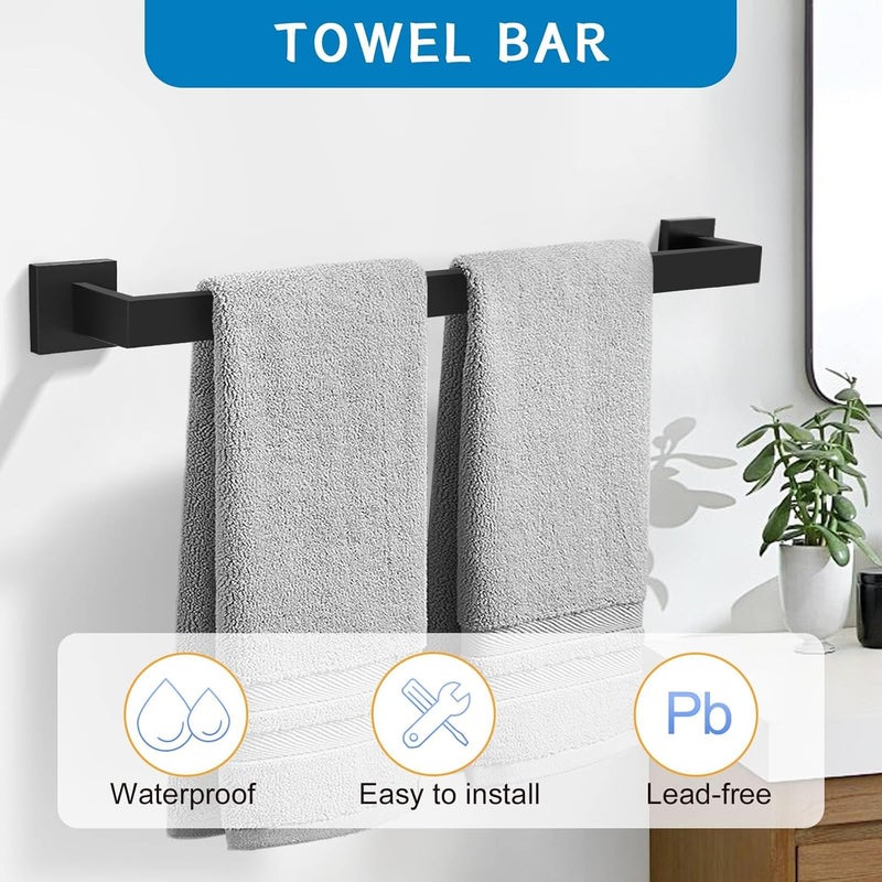 TNOMS 5 Pieces Bathroom Hardware Accessories Set Black Towel Bar Set Wall Mounted,Stainless Steel,23.6-Inch. - Image 2