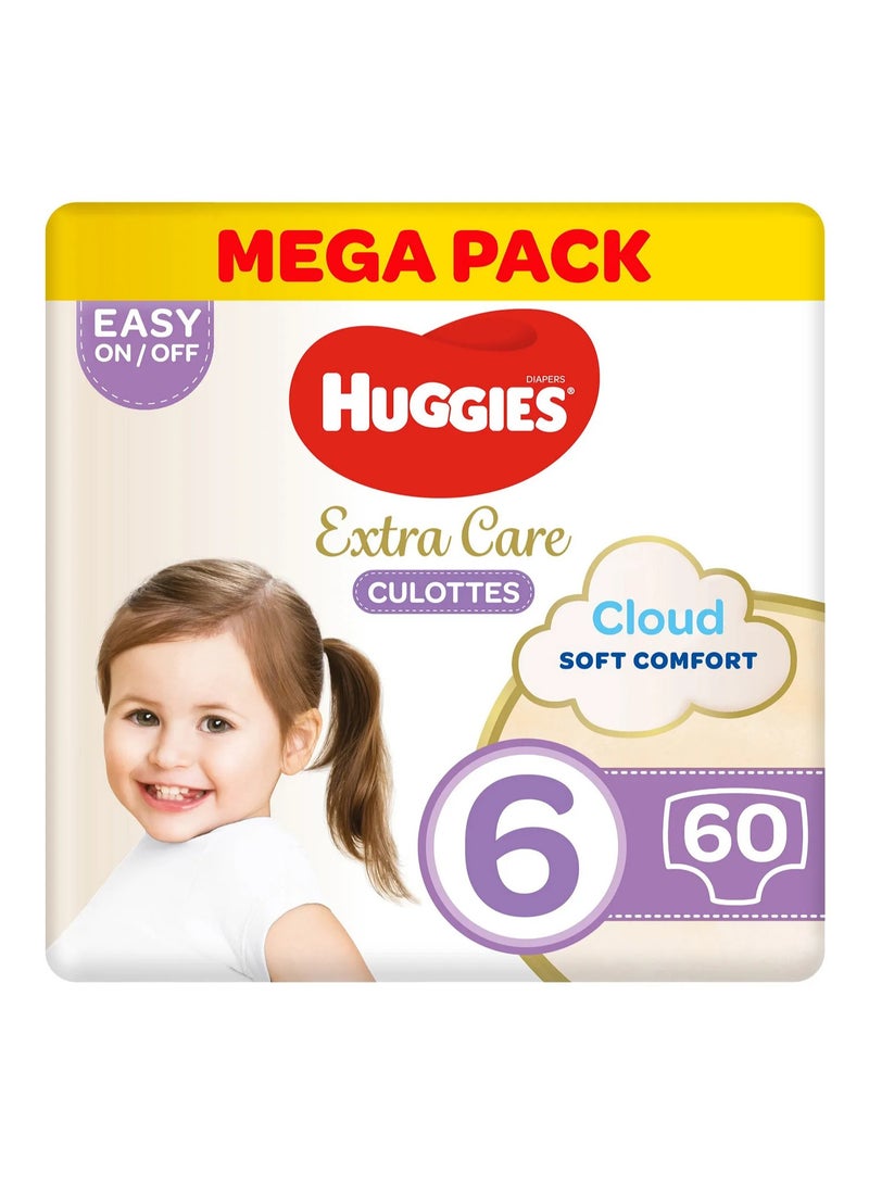 Huggies Extra Care Culottes Pant Style Baby Diapers, 60 Pieces Mega Pack, Size 6, 15-25kg - Double Leak Guards, Wetness Indicator, Soft Waistband